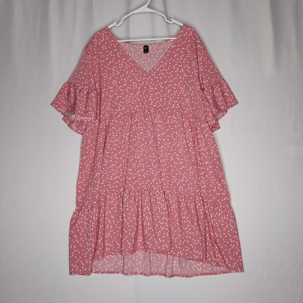 Shein Valetine Dress 2XL Babydoll Short Flutter Sleeve Pink Hearts Empire Ruffle